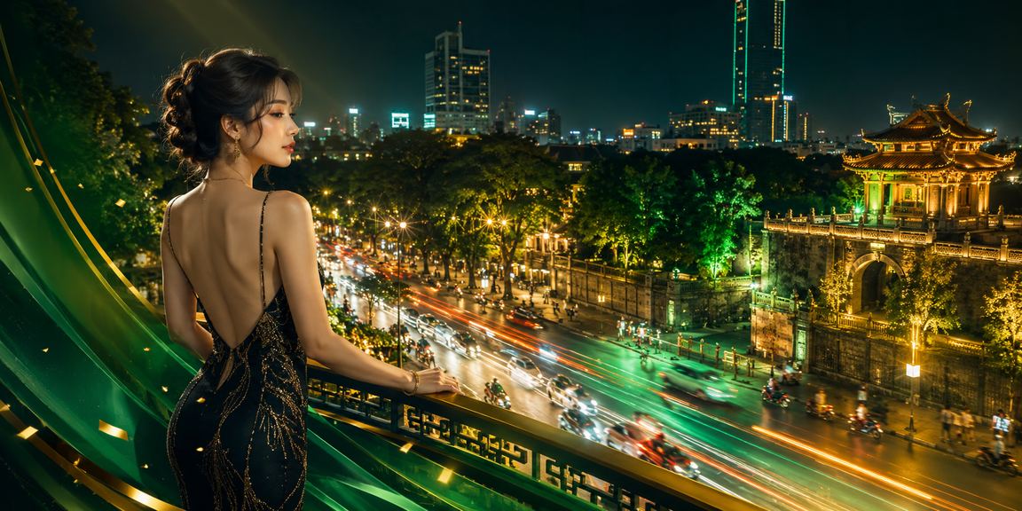 Không gian casino về đêm tại Hà Nội với ánh đèn neon sặc sỡ và bầu không khí giải trí sôi động
