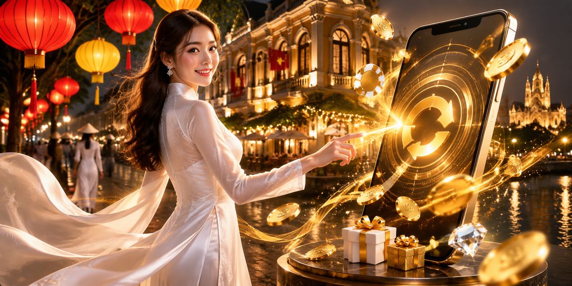 Người phụ nữ Hà Nội mặc áo dài kiểm tra tiền hoàn thưởng và bonus cá cược trên điện thoại